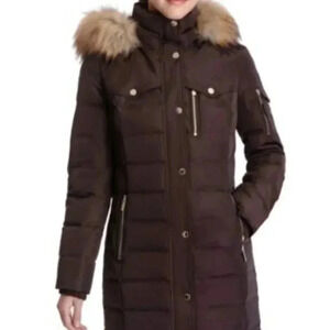 Michael KorsWomen's Faux-Fur-Trim Hooded Down Coat Size S Brown Puffer